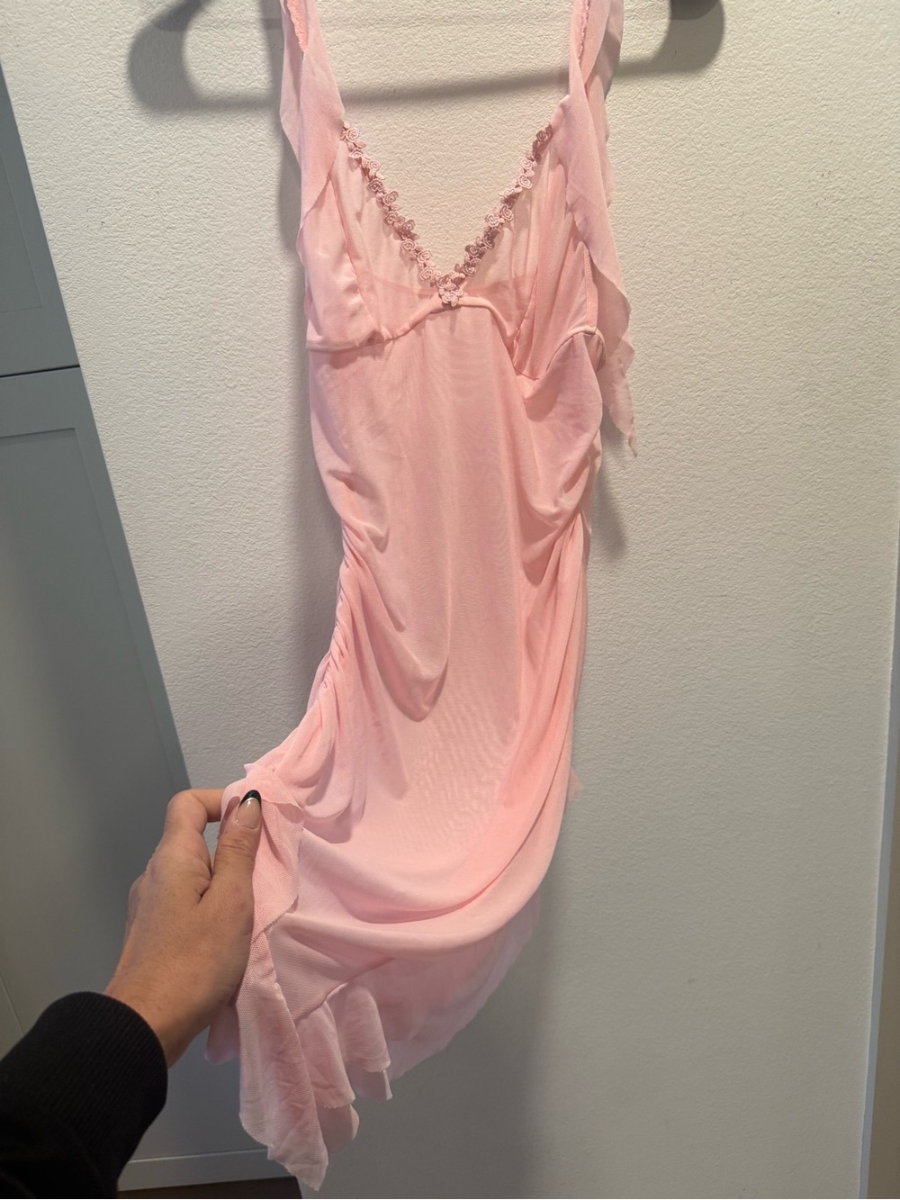 Pink Mesh Ruched Mini Dress Flutter Sleeve Floral Trim XL